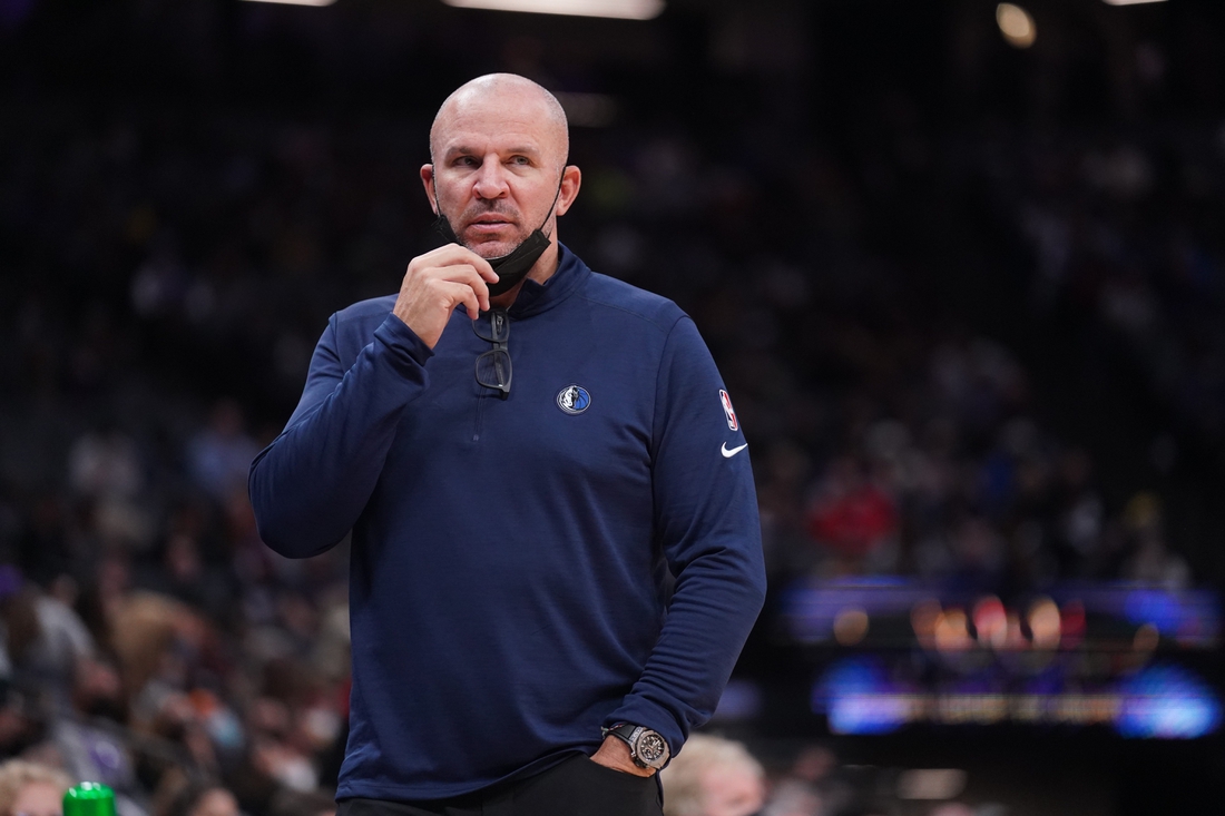 Dec 29, 2021; Sacramento, California, USA; Dallas Mavericks head coach Jason Kidd watches action against the Sacramento Kings in the third quarter at the Golden 1 Center. Mandatory Credit: Cary Edmondson-USA TODAY Sports