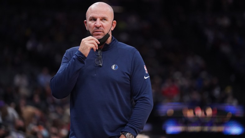 Dec 29, 2021; Sacramento, California, USA; Dallas Mavericks head coach Jason Kidd watches action against the Sacramento Kings in the third quarter at the Golden 1 Center. Mandatory Credit: Cary Edmondson-USA TODAY Sports