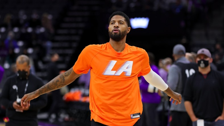 Dec 22, 2021; Sacramento, California, USA; Los Angeles Clippers guard Paul George (13) during the game against the Sacramento Kings at Golden 1 Center. Mandatory Credit: Sergio Estrada-USA TODAY Sports