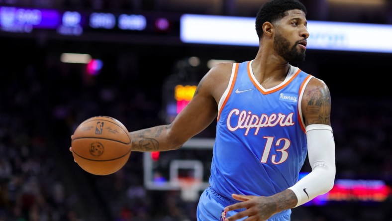 Dec 22, 2021; Sacramento, California, USA; Los Angeles Clippers guard Paul George (13) during the game against the Sacramento Kings at Golden 1 Center. Mandatory Credit: Sergio Estrada-USA TODAY Sports