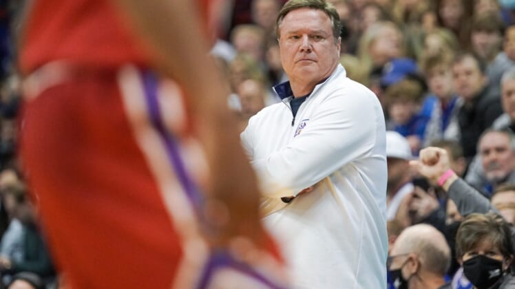 Jan 1, 2022; Lawrence, Kansas, USA; Kansas Jayhawks head coach Bill Self watches play against the George Mason Patriots during the first half at Allen Fieldhouse. Mandatory Credit: Denny Medley-USA TODAY Sports