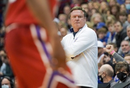 Jan 1, 2022; Lawrence, Kansas, USA; Kansas Jayhawks head coach Bill Self watches play against the George Mason Patriots during the first half at Allen Fieldhouse. Mandatory Credit: Denny Medley-USA TODAY Sports