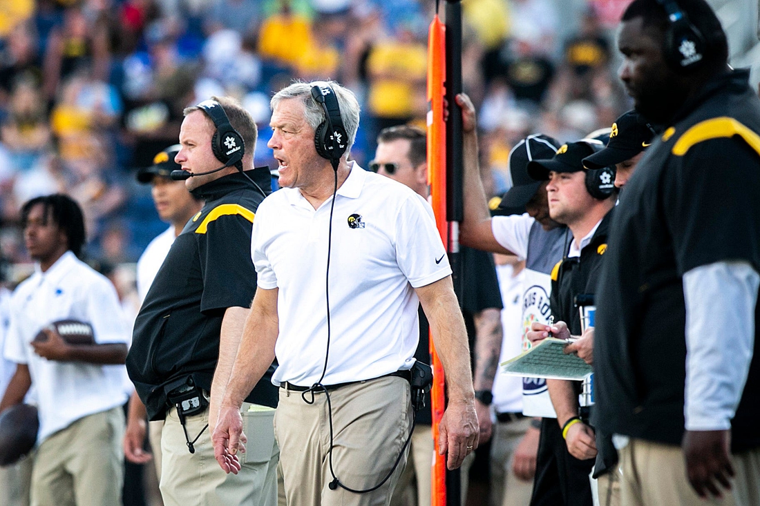 Iowa head coach Kirk Ferentz, center, reacts during a NCAA college football game in the Vrbo Citrus Bowl against Kentucky, Saturday, Jan. 1, 2022, at Camping World Stadium in Orlando, Fla.

211231 Iowa Kentucky Citrus Fb 038 Jpg