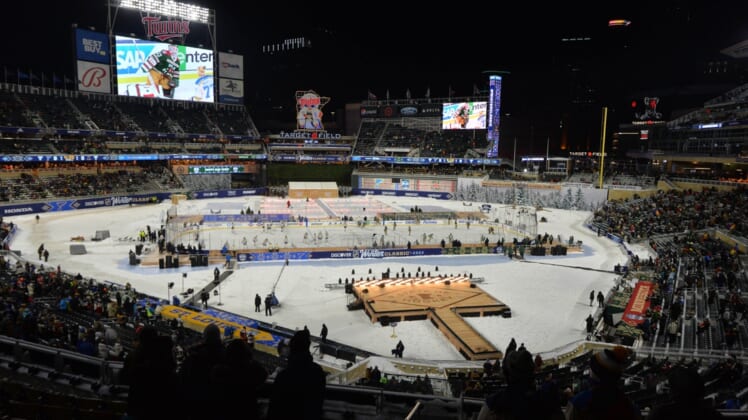 Jan 1, 2022; Minneapolis, MN, USA; A general view as the teams warm up before the 2022 Winter Classic ice hockey game between the Minnesota Wild and St. Louis Blues at Target Field. Mandatory Credit: Jeffrey Becker-USA TODAY Sports