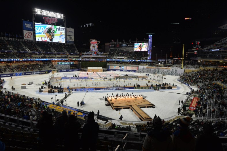 Jan 1, 2022; Minneapolis, MN, USA; A general view as the teams warm up before the 2022 Winter Classic ice hockey game between the Minnesota Wild and St. Louis Blues at Target Field. Mandatory Credit: Jeffrey Becker-USA TODAY Sports