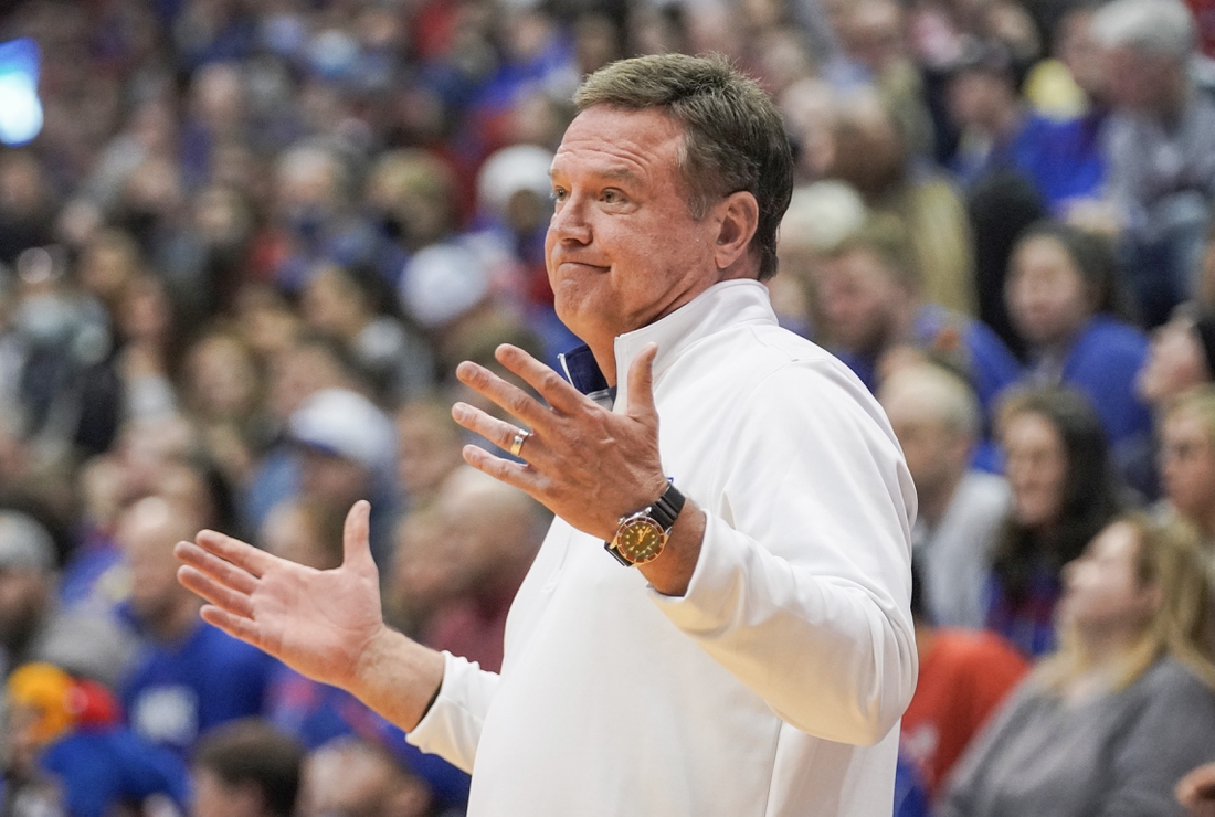 Jan 1, 2022; Lawrence, Kansas, USA; Kansas Jayhawks head coach Bill Self reacts to play against the George Mason Patriots  during the first half at Allen Fieldhouse. Mandatory Credit: Denny Medley-USA TODAY Sports