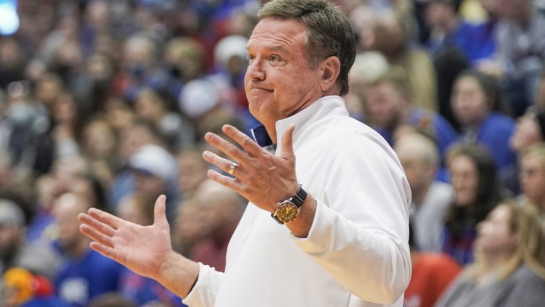 Jan 1, 2022; Lawrence, Kansas, USA; Kansas Jayhawks head coach Bill Self reacts to play against the George Mason Patriots  during the first half at Allen Fieldhouse. Mandatory Credit: Denny Medley-USA TODAY Sports