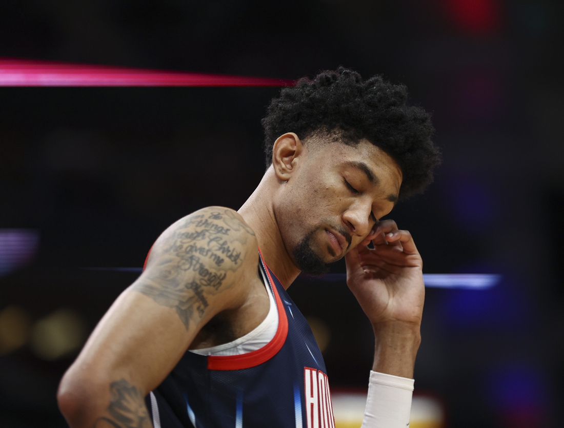 Jan 1, 2022; Houston, Texas, USA; Houston Rockets center Christian Wood (35) reacts during the second quarter against the Denver Nuggets at Toyota Center. Mandatory Credit: Troy Taormina-USA TODAY Sports