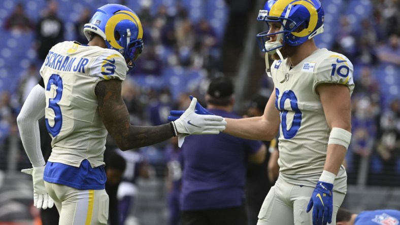 Jan 2, 2022; Baltimore, Maryland, USA;  Los Angeles Rams wide receiver Odell Beckham Jr. (3) and wide receiver Cooper Kupp (10) before the game against the Baltimore Ravens at M&T Bank Stadium. Mandatory Credit: Tommy Gilligan-USA TODAY Sports