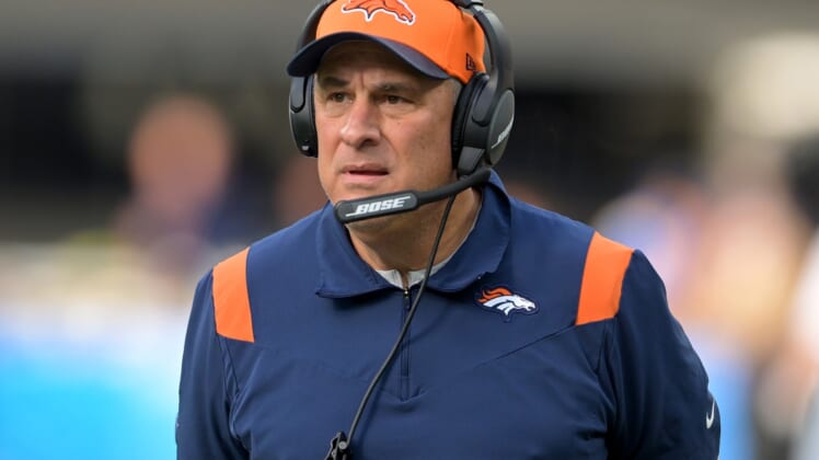 Jan 2, 2022; Inglewood, California, USA;  Denver Broncos head coach Vic Fangio looks on in the first quarter of the game against the Los Angeles Chargers at SoFi Stadium. Mandatory Credit: Jayne Kamin-Oncea-USA TODAY Sports