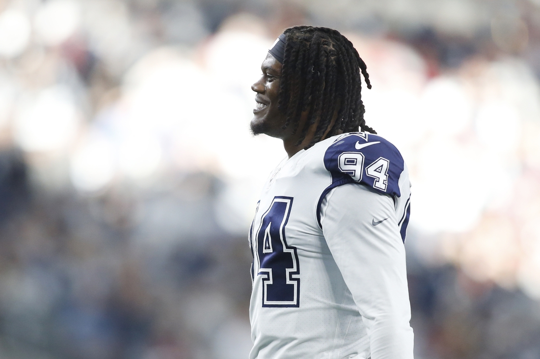 Jan 2, 2022; Arlington, Texas, USA; Dallas Cowboys defensive end Randy Gregory (94) on the field during a time out in the second quarter against the Arizona Cardinals  at AT&T Stadium. Mandatory Credit: Tim Heitman-USA TODAY Sports