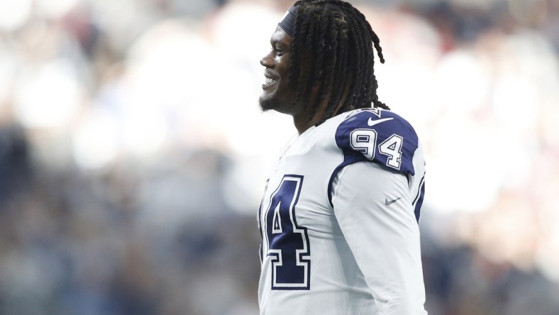 Jan 2, 2022; Arlington, Texas, USA; Dallas Cowboys defensive end Randy Gregory (94) on the field during a time out in the second quarter against the Arizona Cardinals  at AT&T Stadium. Mandatory Credit: Tim Heitman-USA TODAY Sports