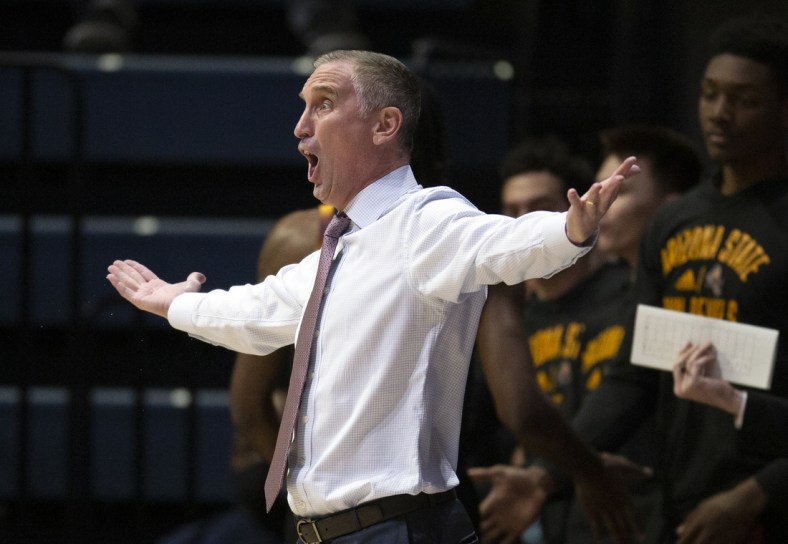 Jan 2, 2022; Berkeley, California, USA; Arizona State Sun Devils head coach Bobby Hurley reacts to a foul called against his team during the first half against the California Golden Bears at Haas Pavilion. Mandatory Credit: D. Ross Cameron-USA TODAY Sports