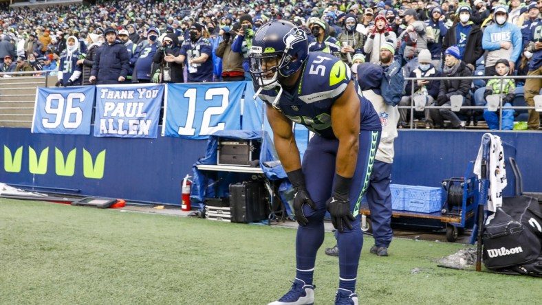 Jan 2, 2022; Seattle, Washington, USA; Seattle Seahawks middle linebacker Bobby Wagner (54) stands on the sideline following an injury during the first quarter against the Detroit Lions at Lumen Field. Mandatory Credit: Joe Nicholson-USA TODAY Sports