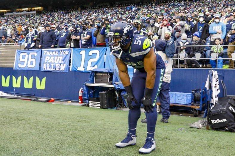 Jan 2, 2022; Seattle, Washington, USA; Seattle Seahawks middle linebacker Bobby Wagner (54) stands on the sideline following an injury during the first quarter against the Detroit Lions at Lumen Field. Mandatory Credit: Joe Nicholson-USA TODAY Sports