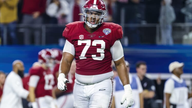Dec 31, 2021; Arlington, Texas, USA; Alabama Crimson Tide offensive lineman Evan Neal (73) in action during the game against the Cincinnati Bearcats in the 2021 Cotton Bowl college football CFP national semifinal game at AT&T Stadium. Mandatory Credit: Kevin Jairaj-USA TODAY Sports