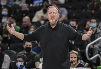 Jan 3, 2022; Milwaukee, Wisconsin, USA;  Milwaukee Bucks head coach Mike Budenholzer reacts during the game against the Detroit Pistons at Fiserv Forum. Mandatory Credit: Benny Sieu-USA TODAY Sports