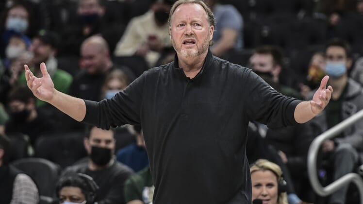 Jan 3, 2022; Milwaukee, Wisconsin, USA;  Milwaukee Bucks head coach Mike Budenholzer reacts during the game against the Detroit Pistons at Fiserv Forum. Mandatory Credit: Benny Sieu-USA TODAY Sports