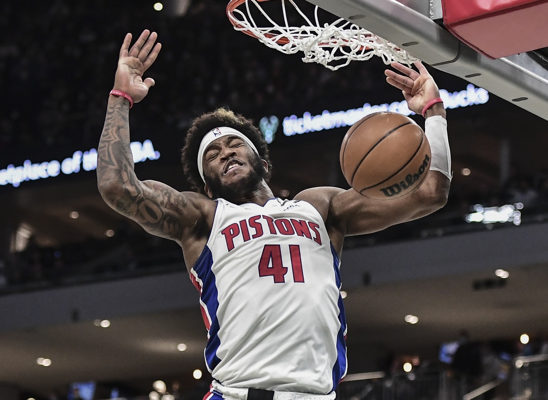 Jan 3, 2022; Milwaukee, Wisconsin, USA; Detroit Pistons forward Saddiq Bey (41) dunks a basket in the third quarter during the game against the Milwaukee Bucks at Fiserv Forum. Mandatory Credit: Benny Sieu-USA TODAY Sports