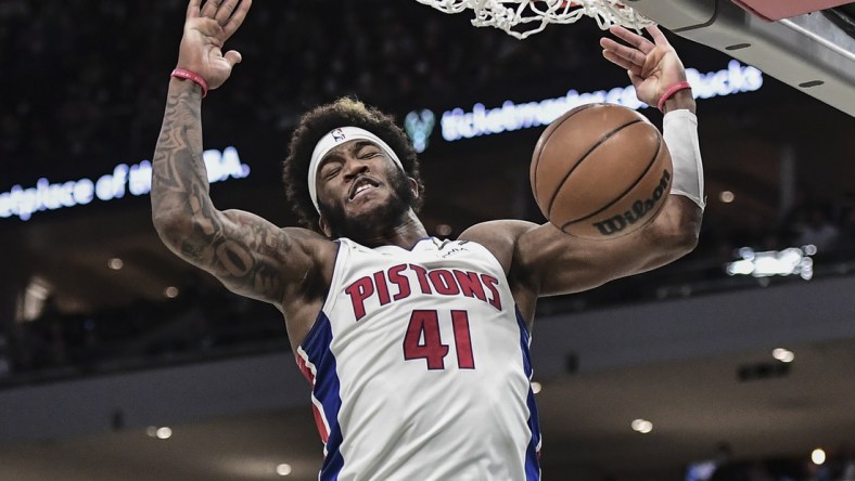 Jan 3, 2022; Milwaukee, Wisconsin, USA; Detroit Pistons forward Saddiq Bey (41) dunks a basket in the third quarter during the game against the Milwaukee Bucks at Fiserv Forum. Mandatory Credit: Benny Sieu-USA TODAY Sports