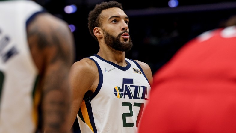 Jan 3, 2022; New Orleans, Louisiana, USA;  Utah Jazz center Rudy Gobert (27) prepares to shoot a free throw against the New Orleans Pelicans during the second half at the Smoothie King Center. Mandatory Credit: Stephen Lew-USA TODAY Sports