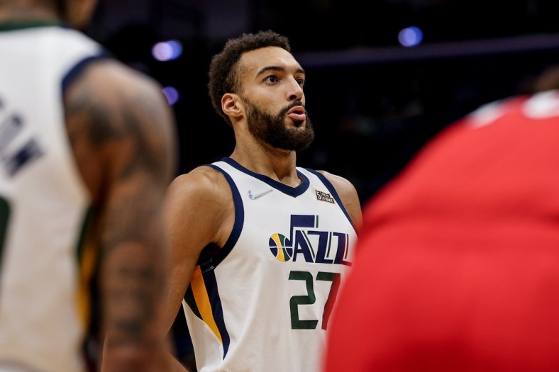 Jan 3, 2022; New Orleans, Louisiana, USA;  Utah Jazz center Rudy Gobert (27) prepares to shoot a free throw against the New Orleans Pelicans during the second half at the Smoothie King Center. Mandatory Credit: Stephen Lew-USA TODAY Sports