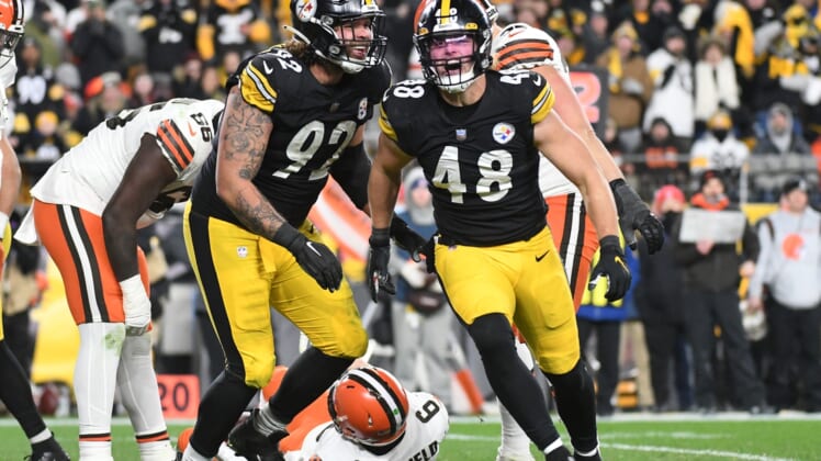 Jan 3, 2022; Pittsburgh, Pennsylvania, USA;  Pittsburgh Steelers linebacker Derrek Tuszka (48) celebrates a sack of Cleveland Browns quarterback Baker Mayfield (6) with defensive end Isaiahh Loudermilk (92) during the fourth quarter at Heinz Field. Mandatory Credit: Philip G. Pavely-USA TODAY Sports