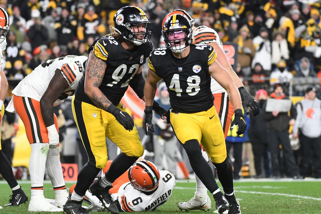 Jan 3, 2022; Pittsburgh, Pennsylvania, USA;  Pittsburgh Steelers linebacker Derrek Tuszka (48) celebrates a sack of Cleveland Browns quarterback Baker Mayfield (6) with defensive end Isaiahh Loudermilk (92) during the fourth quarter at Heinz Field. Mandatory Credit: Philip G. Pavely-USA TODAY Sports