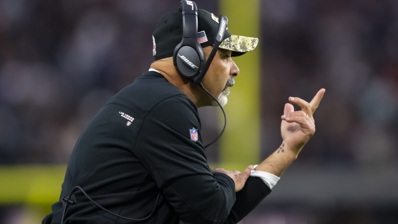 Nov 21, 2021; Paradise, Nevada, USA; Las Vegas Raiders interim head coach Rich Bisaccia against the Cincinnati Bengals at Allegiant Stadium. Mandatory Credit: Mark J. Rebilas-USA TODAY Sports