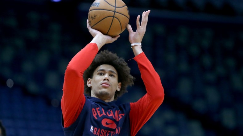 Jan 4, 2022; New Orleans, Louisiana, USA; New Orleans Pelicans center Jaxson Hayes (10) warms up before their game against the Phoenix Suns at the Smoothie King Center. Mandatory Credit: Chuck Cook-USA TODAY Sports