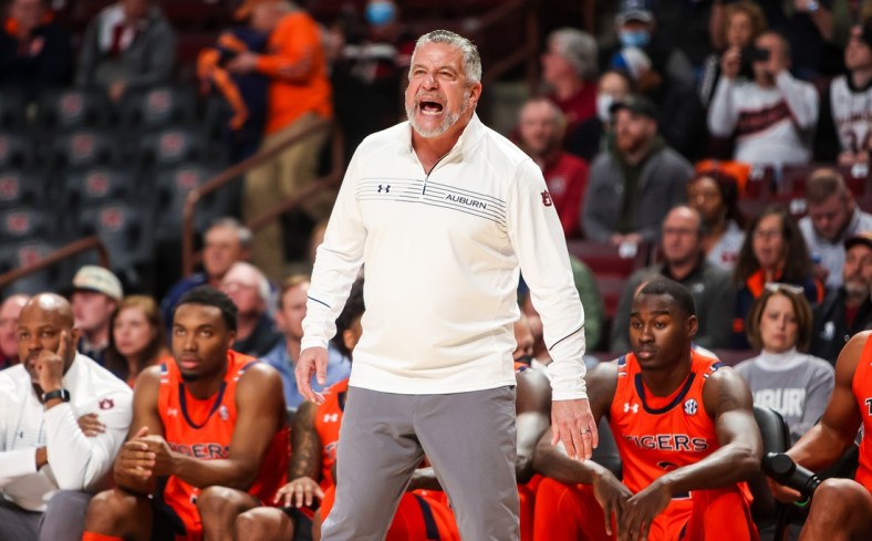 Jan 4, 2022; Columbia, South Carolina, USA;  Auburn Tigers head coach Bruce Pearl directs his team against the South Carolina Gamecocks in the first half at Colonial Life Arena. Mandatory Credit: Jeff Blake-USA TODAY Sports