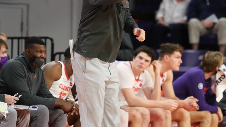 Jan 4, 2022; Clemson, South Carolina, USA; Clemson Tigers head coach Brad Brownell reacts during the second half against the Virginia Cavaliers at Littlejohn Coliseum. Mandatory Credit: Dawson Powers-USA TODAY Sports