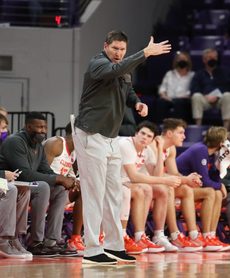 Jan 4, 2022; Clemson, South Carolina, USA; Clemson Tigers head coach Brad Brownell reacts during the second half against the Virginia Cavaliers at Littlejohn Coliseum. Mandatory Credit: Dawson Powers-USA TODAY Sports