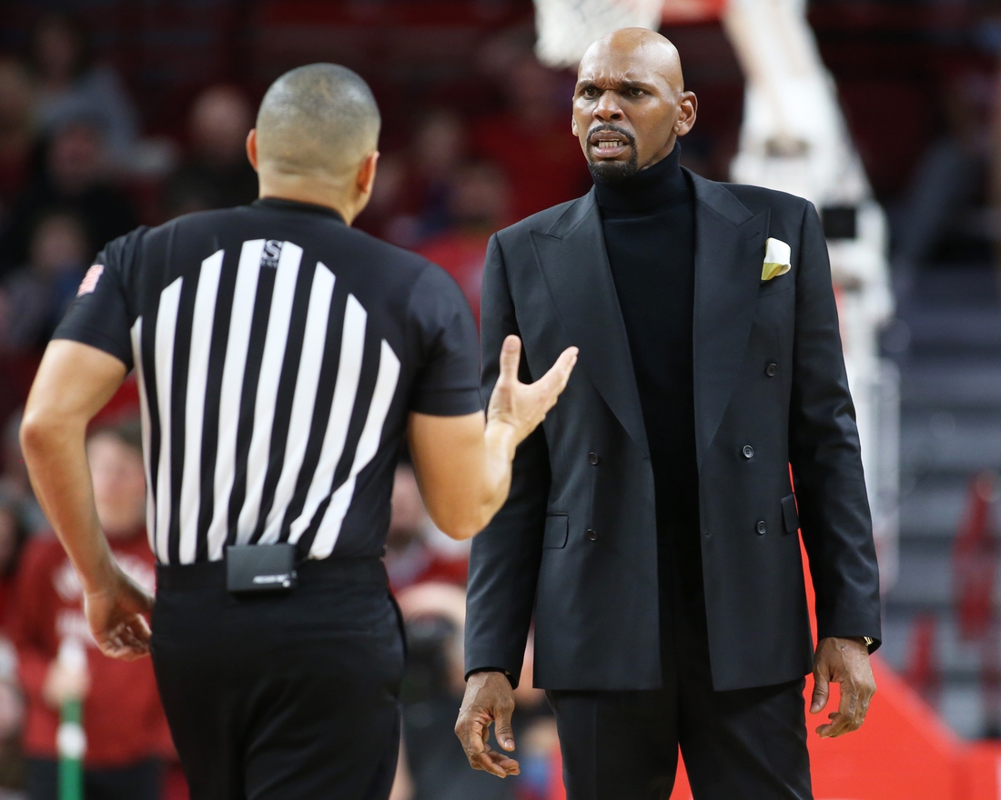 Jan 4, 2022; Fayetteville, Arkansas, USA; Vanderbilt Commodores head coach Jerry Stackhouse talks to an official during a timeout in the second half agains the Arkansas Razorbacks at Bud Walton Arena. Vanderbilt won 75-74. Mandatory Credit: Nelson Chenault-USA TODAY Sports