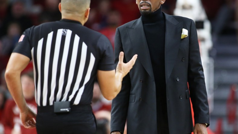 Jan 4, 2022; Fayetteville, Arkansas, USA; Vanderbilt Commodores head coach Jerry Stackhouse talks to an official during a timeout in the second half agains the Arkansas Razorbacks at Bud Walton Arena. Vanderbilt won 75-74. Mandatory Credit: Nelson Chenault-USA TODAY Sports