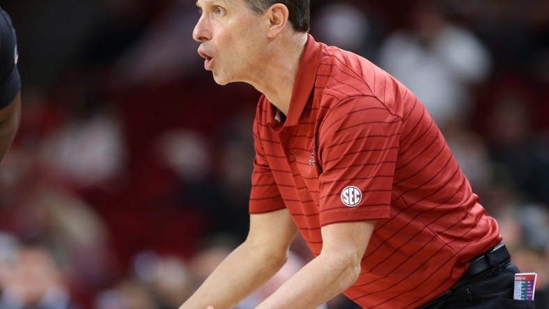 Jan 4, 2022; Fayetteville, Arkansas, USA; Arkansas Razorbacks head coach Eric Musselman reacts to a call in the game against the Vanderbilt Commodores at Bud Walton Arena. Vanderbilt won 75-74. Mandatory Credit: Nelson Chenault-USA TODAY Sports