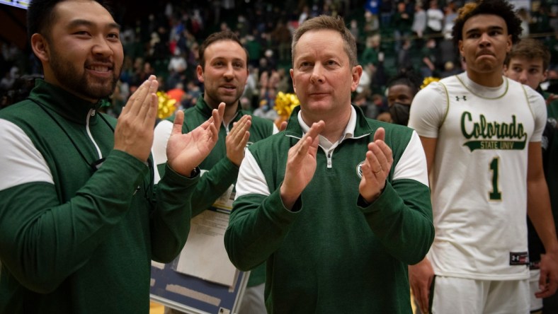 Colorado State University Rams head coach Niko Medved and his team thank their fans after defeating  Air Force 67-59, Tuesday, Jan. 4, 2022, at Moby Arena in Fort Collins, Colo.

Ftc 0104 Ja 018