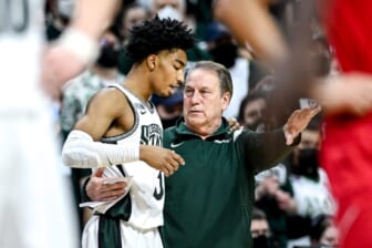 Michigan State's head coach Tom Izzo, right, takes with Jaden Akins during the second half in the game against Nebraska on Wednesday, Jan. 5, 2022, at the Breslin Center in East Lansing.220105 Msu Neb 159a