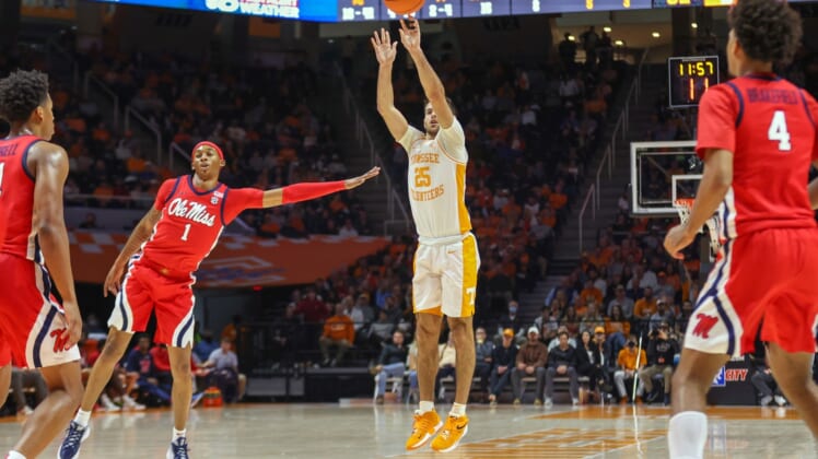 Jan 5, 2022; Knoxville, Tennessee, USA; Tennessee Volunteers guard Santiago Vescovi (25) shoots the ball against the Mississippi Rebels during overtime at Thompson-Boling Arena. Mandatory Credit: Randy Sartin-USA TODAY Sports