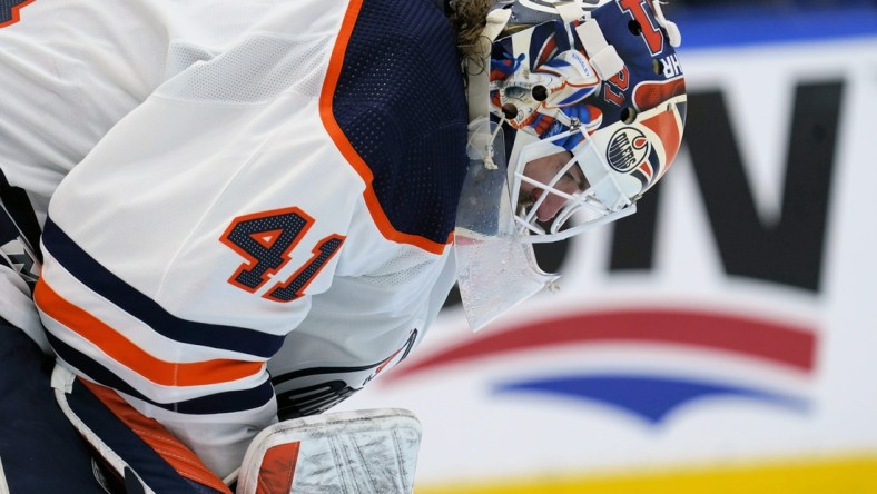 Jan 5, 2022; Toronto, Ontario, CAN; Edmonton Oilers goaltender Mike Smith (41) during a break in the action against the Toronto Maple Leafs during the third period at Scotiabank Arena. Mandatory Credit: John E. Sokolowski-USA TODAY Sports