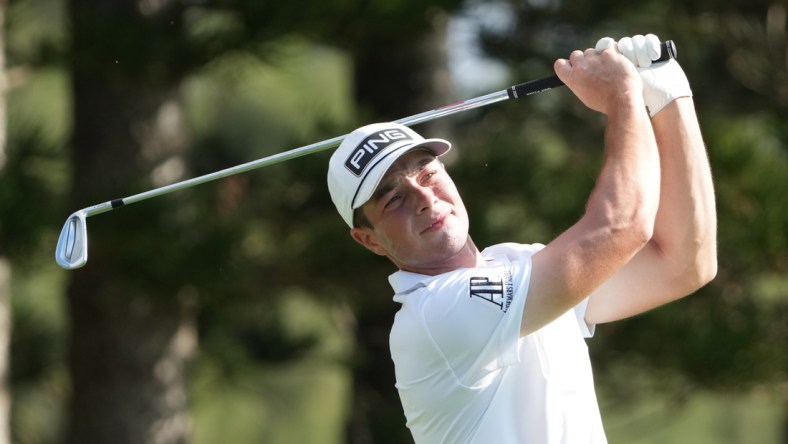 January 6, 2022; Maui, Hawaii, USA; Viktor Hovland hits his tee shot on the second hole during the first round of the Sentry Tournament of Champions golf tournament at Kapalua Resort - The Plantation Course. Mandatory Credit: Kyle Terada-USA TODAY Sports