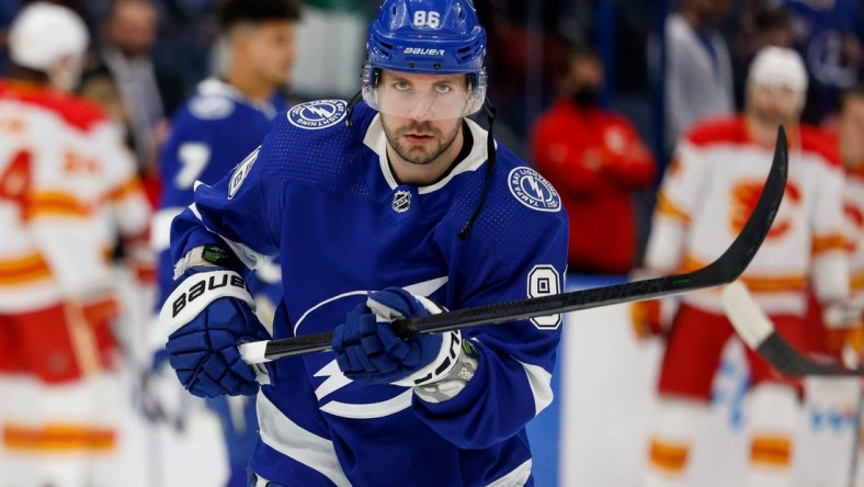 Jan 6, 2022; Tampa, Florida, USA;  Tampa Bay Lightning right wing Nikita Kucherov (86) warms up prior to a game against the Calgary Flames at Amalie Arena. Mandatory Credit: Nathan Ray Seebeck-USA TODAY Sports