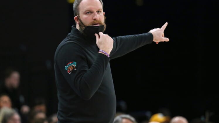 Jan 6, 2022; Memphis, Tennessee, USA; Memphis Grizzles head coach Taylor Jenkins gives direction during the first half against the Detroit Pistons at FedExForum. Mandatory Credit: Petre Thomas-USA TODAY Sports