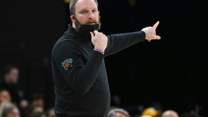 Jan 6, 2022; Memphis, Tennessee, USA; Memphis Grizzles head coach Taylor Jenkins gives direction during the first half against the Detroit Pistons at FedExForum. Mandatory Credit: Petre Thomas-USA TODAY Sports