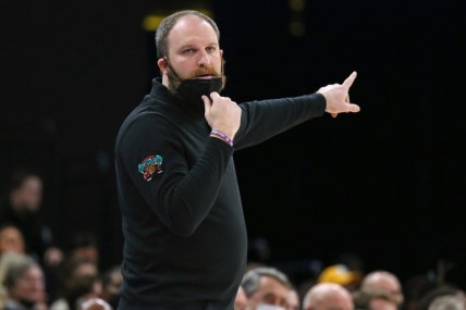 Jan 6, 2022; Memphis, Tennessee, USA; Memphis Grizzles head coach Taylor Jenkins gives direction during the first half against the Detroit Pistons at FedExForum. Mandatory Credit: Petre Thomas-USA TODAY Sports