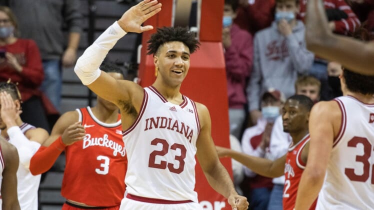 Jan 6, 2022; Bloomington, Indiana, USA; Indiana Hoosiers forward Trayce Jackson-Davis (23) celebrates a made basket in the second half against the Ohio State Buckeyes at Simon Skjodt Assembly Hall. Mandatory Credit: Trevor Ruszkowski-USA TODAY Sports