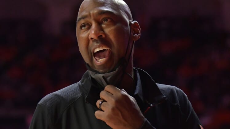 Jan 6, 2022; Champaign, Illinois, USA;  Maryland Terrapins head coach Danny Manning directs his players during the second half against the Illinois Fighting Illini at State Farm Center. Mandatory Credit: Ron Johnson-USA TODAY Sports