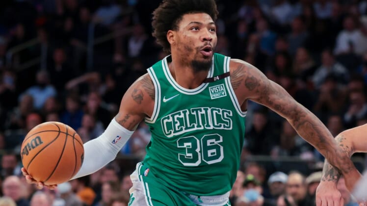 Jan 6, 2022; New York, New York, USA; Boston Celtics guard Marcus Smart (36) drives to the basket against the New York Knicks during the second half at Madison Square Garden. Mandatory Credit: Vincent Carchietta-USA TODAY Sports