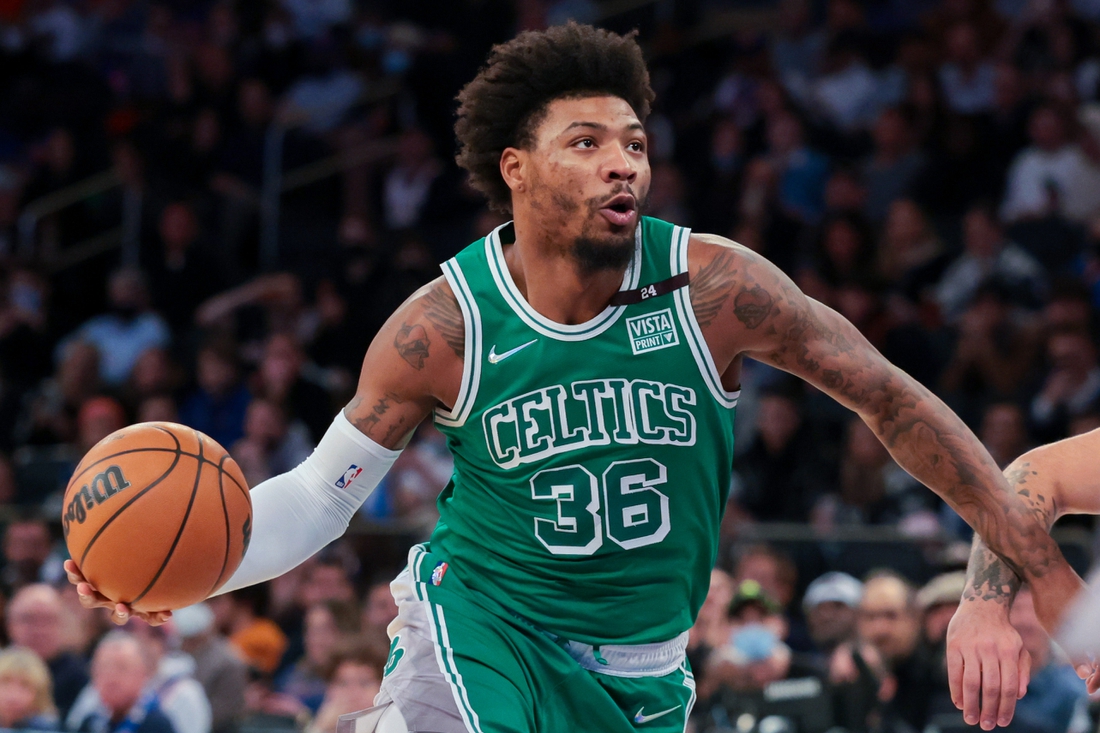 Jan 6, 2022; New York, New York, USA; Boston Celtics guard Marcus Smart (36) drives to the basket against the New York Knicks during the second half at Madison Square Garden. Mandatory Credit: Vincent Carchietta-USA TODAY Sports