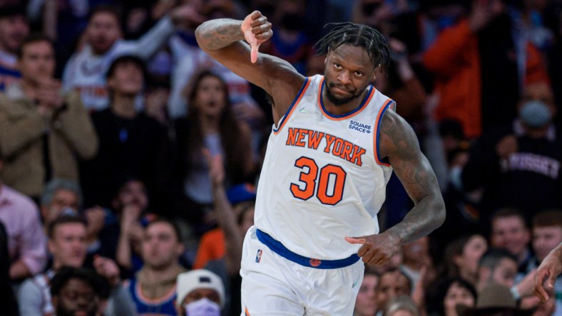 Jan 6, 2022; New York, New York, USA; New York Knicks forward Julius Randle (30) gestures after making a basket against the Boston Celtics during the second half at Madison Square Garden. Mandatory Credit: Vincent Carchietta-USA TODAY Sports